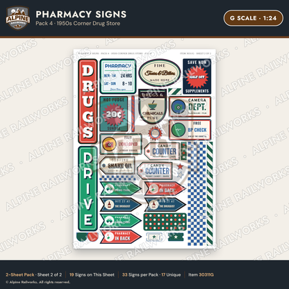 Alpine Railworks 30311G G Scale Pharmacy Signs - Corner Drug Store