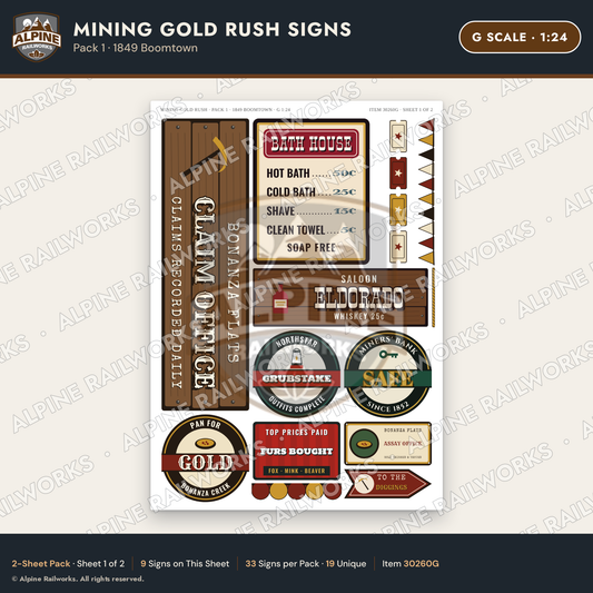 Alpine Railworks 30260G G Scale Mining Gold Rush Signs - 1849 Boomtown