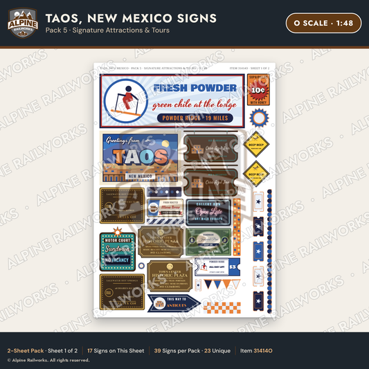 Alpine Railworks 31414O O Scale Taos NM Signs - Attractions & Tours