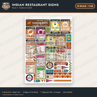 Alpine Railworks 30393O O Scale Indian Restaurant Signs - Tandoor