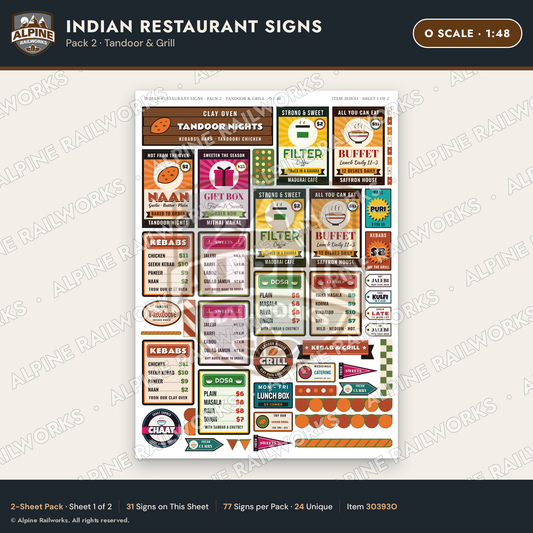 Alpine Railworks 30393O O Scale Indian Restaurant Signs - Tandoor