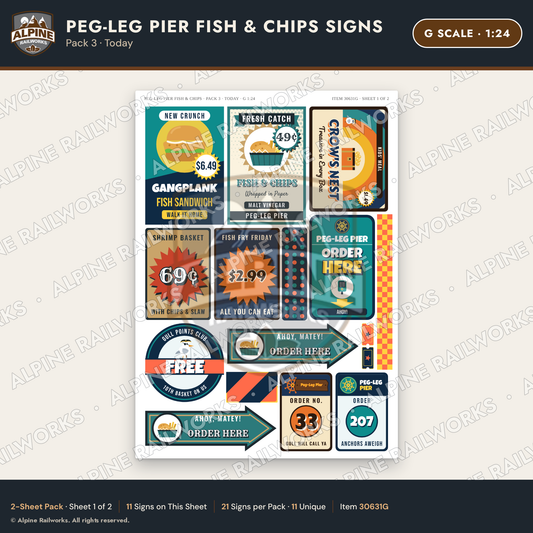 Alpine Railworks 30631G G Scale Fast Food Signs - Fish & Chips - Today