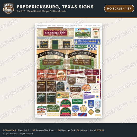 Alpine Railworks 31375HO HO Scale Fredericksburg TX Signs - Shops