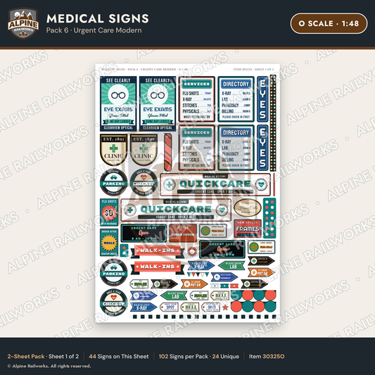 Alpine Railworks 30325O O Scale Medical Signs - Urgent Care Modern