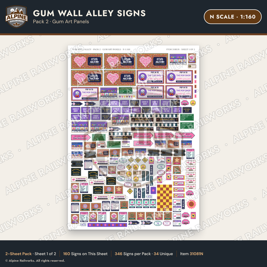 Alpine Railworks 31081N N Scale Roadside Signs - Bubblegum Alley