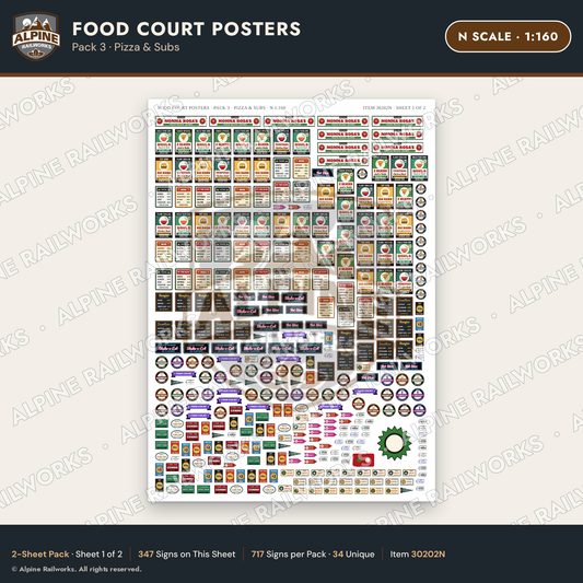 Alpine Railworks 30202N N Scale Food Court Posters - Pizza & Subs