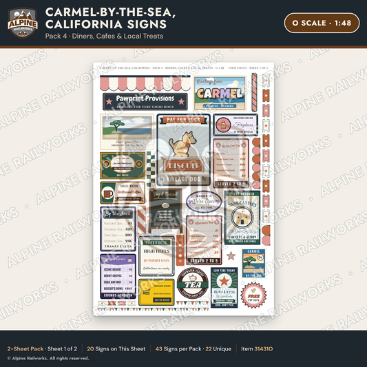 Alpine Railworks 31431O O Scale Carmel CA Signs - Diners & Cafes