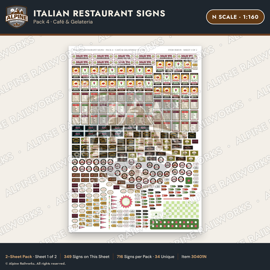 Alpine Railworks 30401N N Scale Italian Restaurant Signs - Cafe