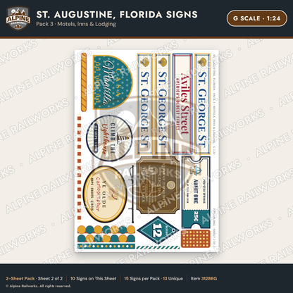 Alpine Railworks 31286G G Scale St. Augustine FL Signs - Motels & Inns