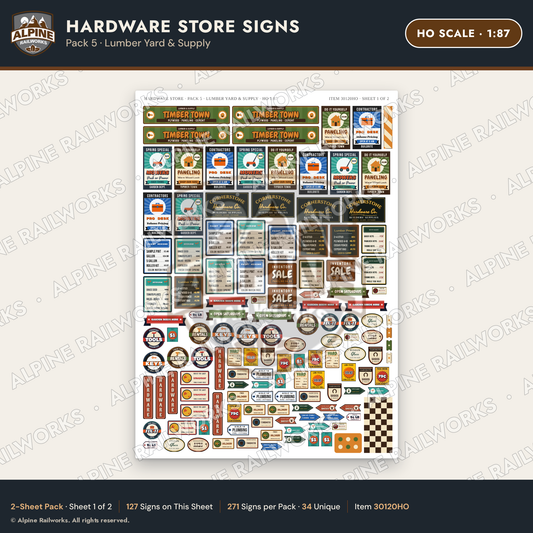 Alpine Railworks 30120HO HO Scale Hardware Store Signs - Lumber Yard