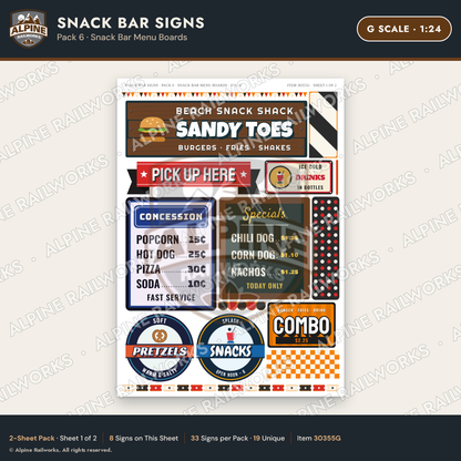 Alpine Railworks 30355G G Scale Snack Bar Signs
