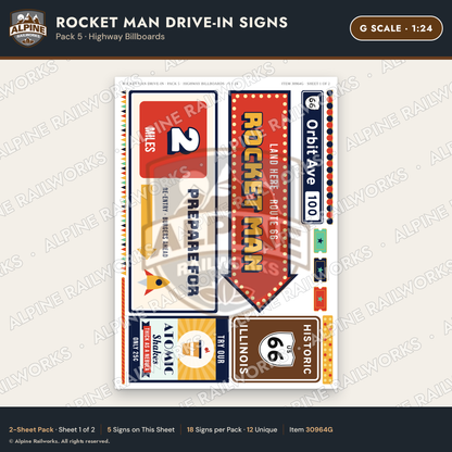 Alpine Railworks 30964G G Scale Roadside Signs - Spaceman Drive-In