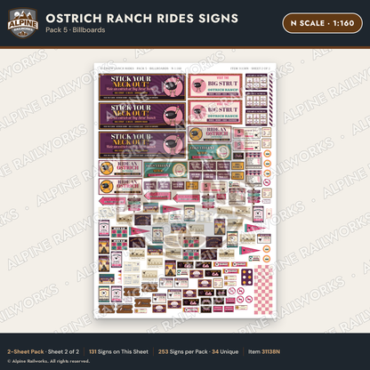 Alpine Railworks 31138N N Scale Roadside Signs - Ostrich Farm