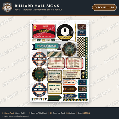Alpine Railworks 30098G G Scale Billiard Hall Signs