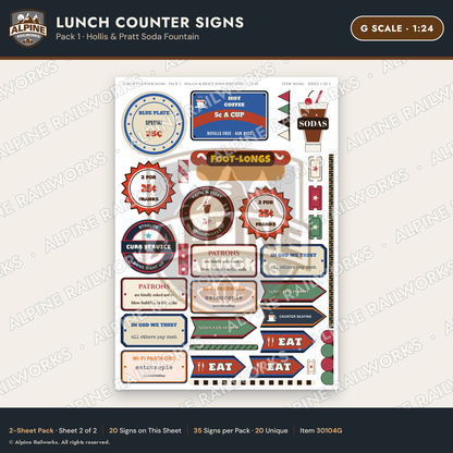 Alpine Railworks 30104G G Scale Lunch Counter Signs - Hollis