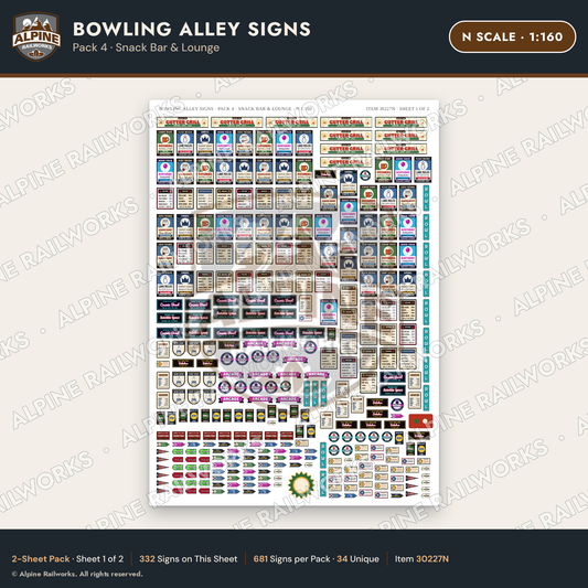 Alpine Railworks 30227N N Scale Bowling Alley Signs - Snack Bar
