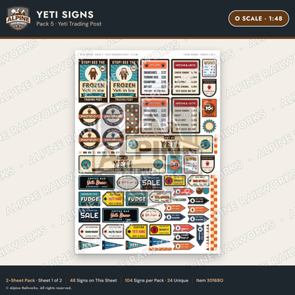 Alpine Railworks 30168O O Scale Yeti Signs - Yeti Trading Post