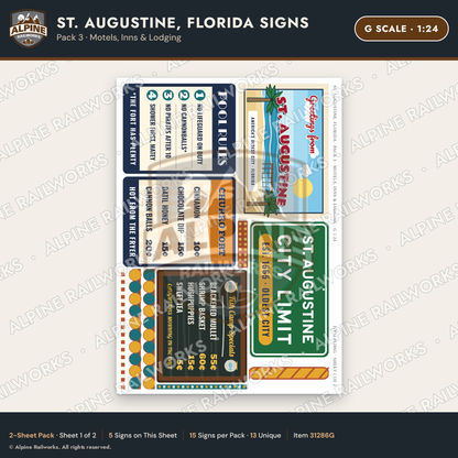 Alpine Railworks 31286G G Scale St. Augustine FL Signs - Motels & Inns