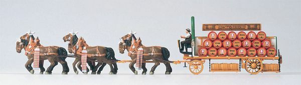 Preiser 30438 HO Scale Horse-Drawn Wagon -- Beer Wagon w/Horses Spatenbrau