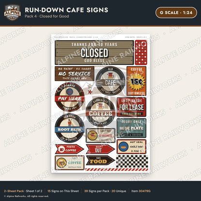 Alpine Railworks 30479G G Scale Run-Down Cafe Signs - Closed for Good