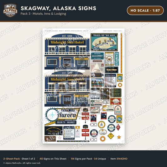Alpine Railworks 31442HO HO Scale Skagway AK Signs - Motels & Inns