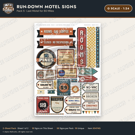 Alpine Railworks 30474G G Scale Run-Down Motel Signs
