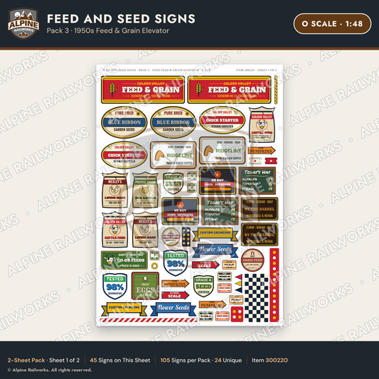 Alpine Railworks 30022O O Scale Feed and Seed Signs - 1950s Feed