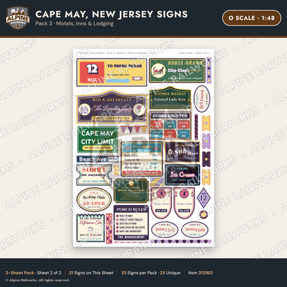 Alpine Railworks 31316O O Scale Cape May NJ Signs - Motels & Inns