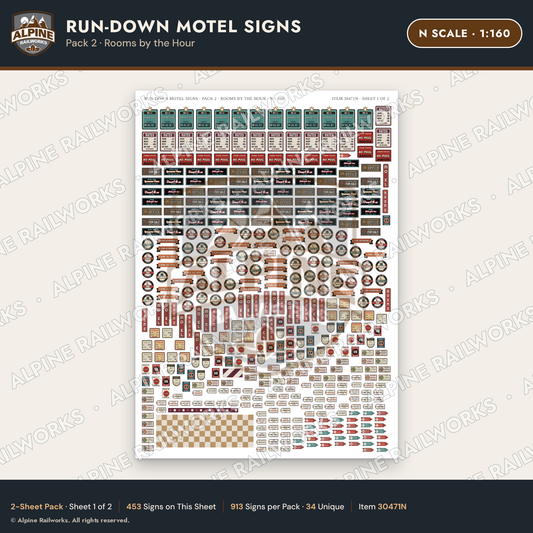 Alpine Railworks 30471N N Scale Run-Down Motel Signs