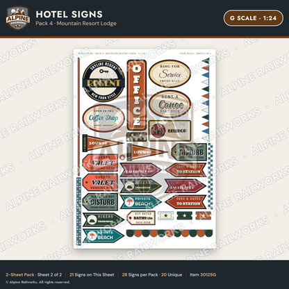 Alpine Railworks 30125G G Scale Hotel Signs - Mountain Resort Lodge
