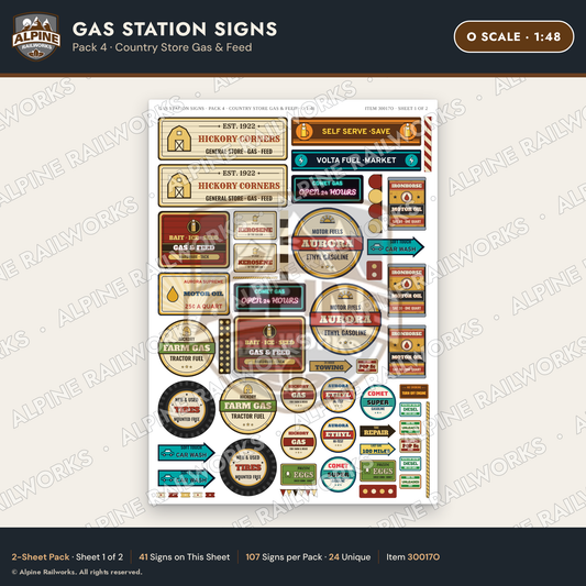 Alpine Railworks 30017O O Scale Gas Station Signs - Country Store Gas