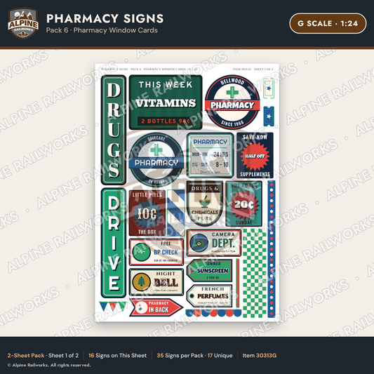Alpine Railworks 30313G G Scale Pharmacy Signs - Pharmacy Window Cards