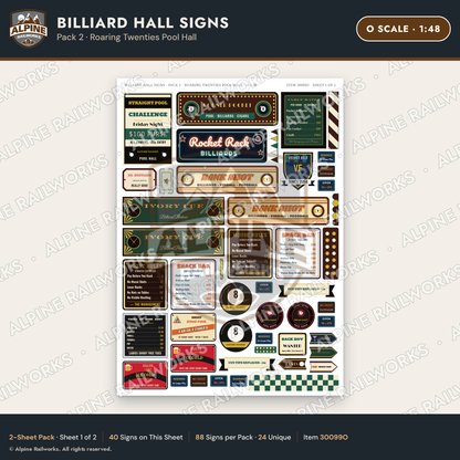Alpine Railworks 30099O O Scale Billiard Hall Signs