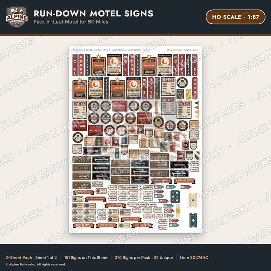 Alpine Railworks 30474HO HO Scale Run-Down Motel Signs