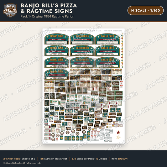Alpine Railworks 30650N N Scale Restaurant Signs - Pizza & Music Hall