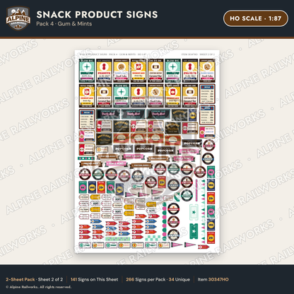 Alpine Railworks 30347HO HO Scale Snack Product Signs - Gum & Mints