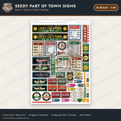 Alpine Railworks 30285O O Scale Seedy Part of Town Signs - Pawn