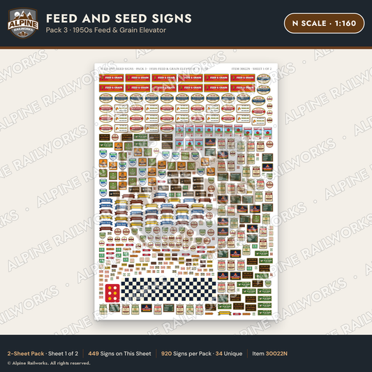 Alpine Railworks 30022N N Scale Feed and Seed Signs - 1950s Feed