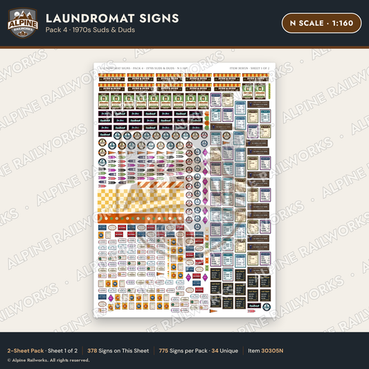 Alpine Railworks 30305N N Scale Laundromat Signs - 1970s Suds & Duds