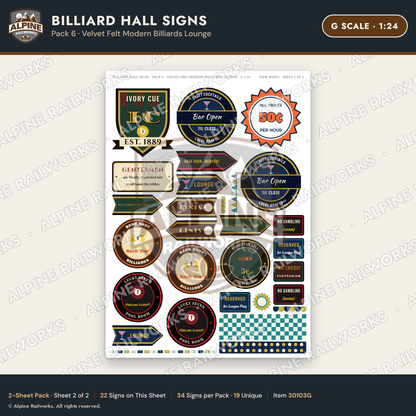 Alpine Railworks 30103G G Scale Billiard Hall Signs