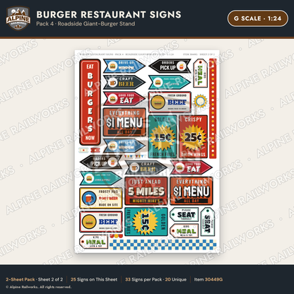 Alpine Railworks 30449G G Scale Burger Restaurant Signs