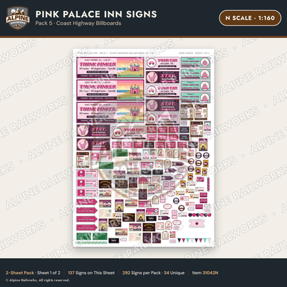 Alpine Railworks 31042N N Scale Roadside Signs - Pink Themed Motel