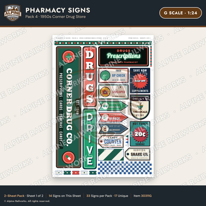 Alpine Railworks 30311G G Scale Pharmacy Signs - Corner Drug Store