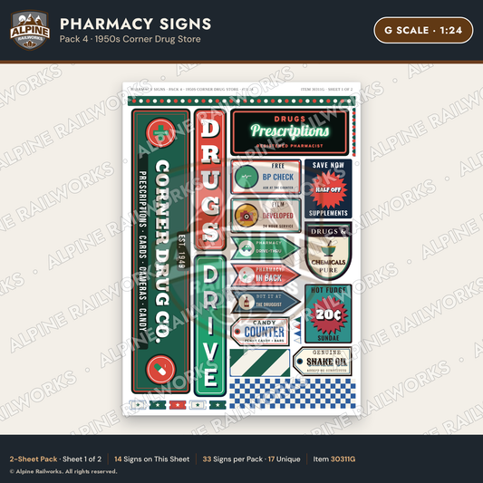 Alpine Railworks 30311G G Scale Pharmacy Signs - Corner Drug Store