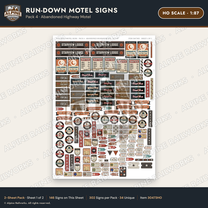 Alpine Railworks 30473HO HO Scale Run-Down Motel Signs