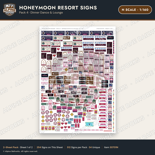Alpine Railworks 30701N N Scale Honeymoon Resort Signs - Dinner Dance