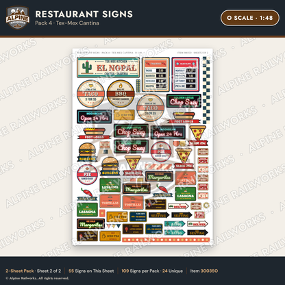 Alpine Railworks 30035O O Scale Restaurant Signs - Tex-Mex Cantina