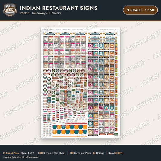 Alpine Railworks 30397N N Scale Indian Restaurant Signs - Takeaway