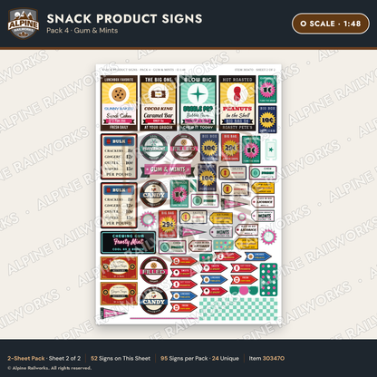 Alpine Railworks 30347O O Scale Snack Product Signs - Gum & Mints