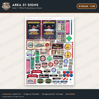 Alpine Railworks 30140O O Scale Area 51 Signs - Flying Saucer Scare